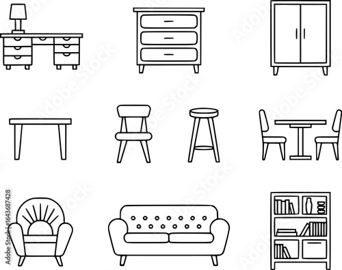 Various furniture items including a desk with lamp a dresser a cabinet a table with chairs a chair a stool an armchair a sofa and a bookshelf