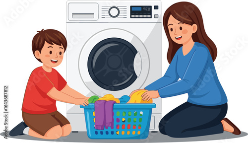 People doing laundry, washing clothes, household chore, laundry basket, digital washing machine, colorful garments, home interior, domestic activity, cleaning routine
