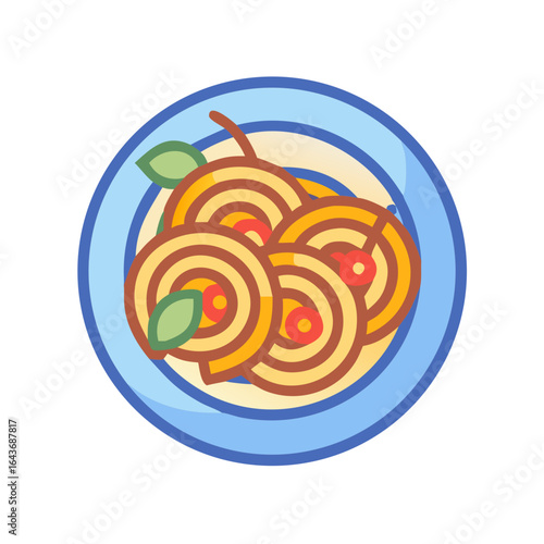 Colorful plate of spiral pasta with tomatoes and basil leaves  