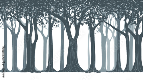 Banyan tree silhouette white background vector illustration, sacred fig tree with aerial roots and wide canopy, black isolated graphic design for logos, posters, and nature themes.