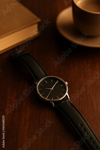 Black Leather Wristwatch on Wooden Table with Book and Coffe