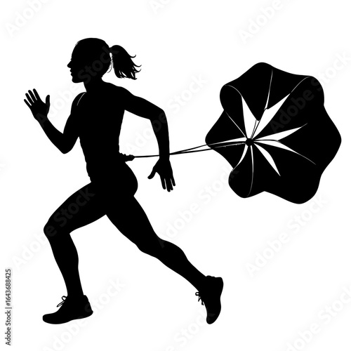 Female Runner with Parachute - Silhouette of an Athlete Doing Speed and Resistance Training