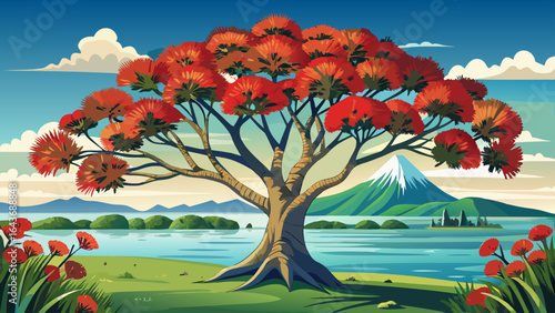 The vibrant Pohutukawa tree blooms brilliantly in crimson at Takapuna Beach, its twisted branches stretching above golden sands, while gentle waves shimmer beneath the soft summer sun.