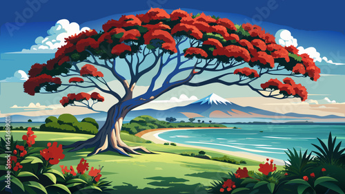The vibrant Pohutukawa tree blooms brilliantly in crimson at Takapuna Beach, its twisted branches stretching above golden sands, while gentle waves shimmer beneath the soft summer sun.