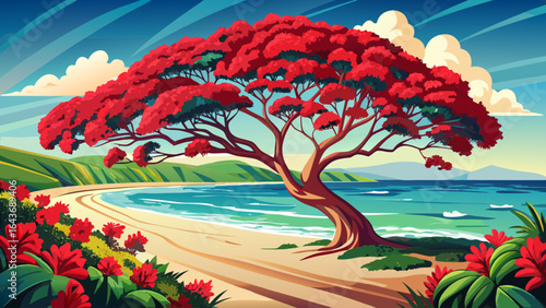 The vibrant Pohutukawa tree blooms brilliantly in crimson at Takapuna Beach, its twisted branches stretching above golden sands, while gentle waves shimmer beneath the soft summer sun.