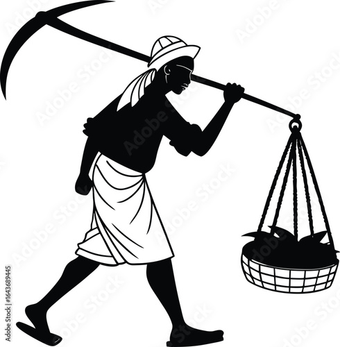 Farmer with sickle and basket silhouette for harvest and agriculture