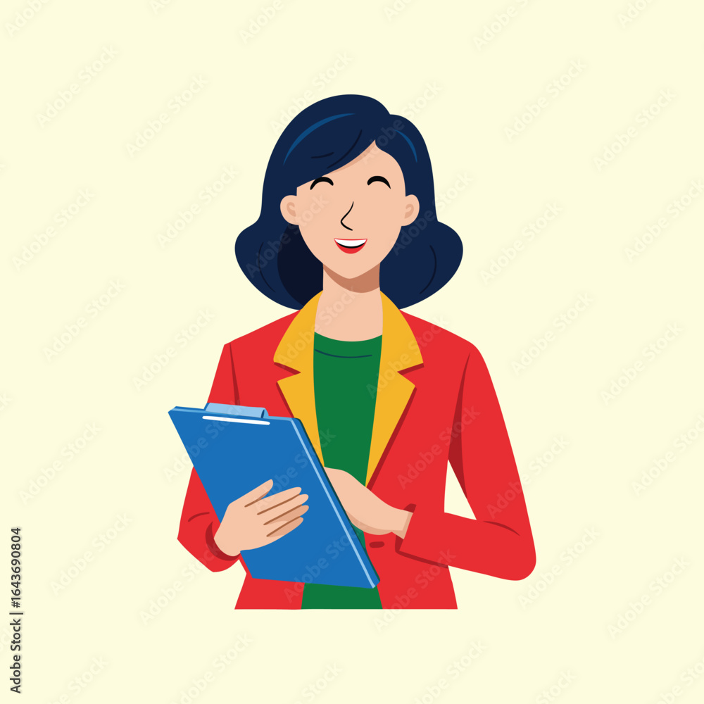 Smiling woman in red blazer holding a clipboard in front of her Smiling woman in red blazer holding a clipboard in front of her