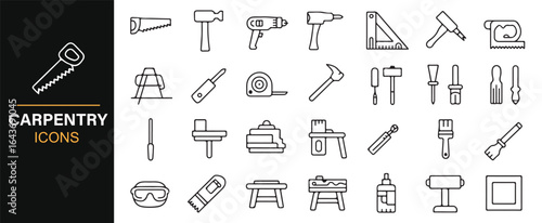Minimalist Icons Set for Carpentry Tools, Sawing, and Measurement
