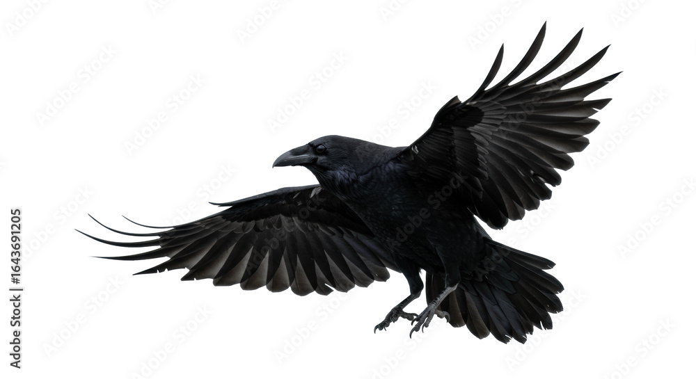 Naklejka premium Majestic common raven flying mid-air with powerful spread wings and extended talons, showcasing glossy black feathers on a minimalist light grey gradient, decisive action concept.