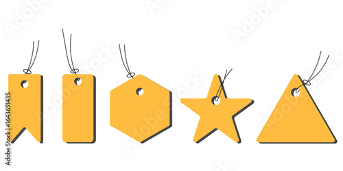 A set of realistic black price tags on a white background. Cardboard labels with a thread. Gift labels on a rope. Different price tag set. Labels collection. 