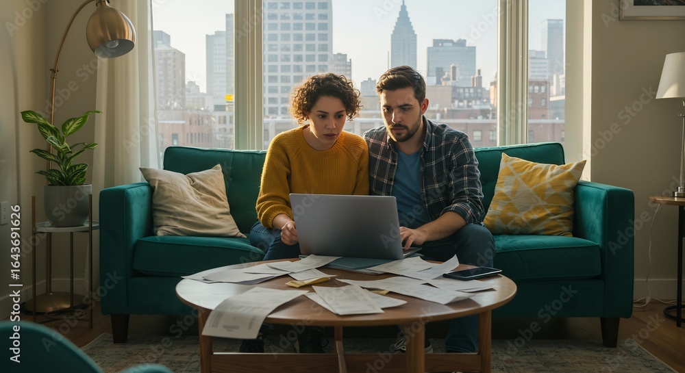 Couple Analyzing Finances and Bills on a Laptop at Home, Budgeting and Financial Planning Concept, Modern Living Room with City View Couple Analyzing Finances and Bills on a Laptop at Home, Budgeting and Financial Planning Concept, Modern Living Room with City View