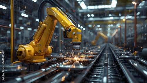 automation robot arms machine in intelligent factory industrial on real time monitoring system software. Welding robotics and digital manufacturing operations.