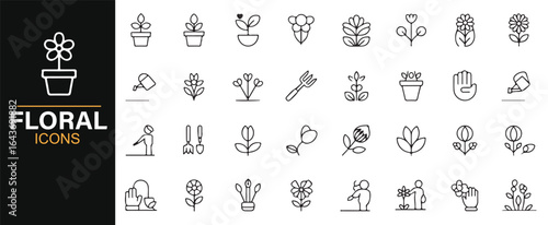 Set of Flowering Plants Icons with Watering Can and Garden Tools