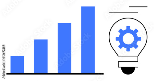 Blue bar graph showing growth alongside a light bulb featuring a gear, symbolizing progress, innovation, and analytics. Ideal for business, startup, success, teamwork, strategy creativity simple