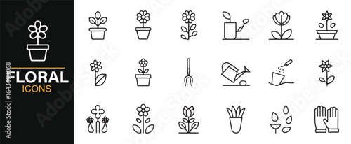 Flower Icon Set Featuring Potted Plants, Watering Can, Sunflowers, and Gardening Tools
