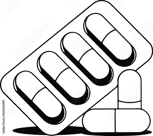 3D vector illustration of a black and white pill capsule on a white background for health and pharmacy concepts