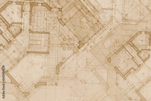 Architectural Blueprint Background with Detailed Floor Plans in Sepia Tones for Interior Design and Real Estate.