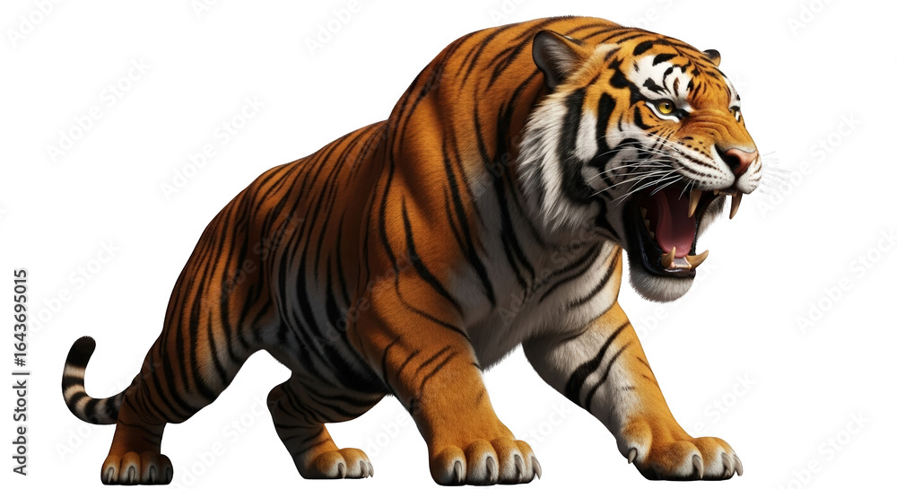 Fototapeta premium Fierce Tiger Roaring with Open Mouth and Sharp Teeth big cat feline predator wildlife animal mammal jungle roar powerful aggressive