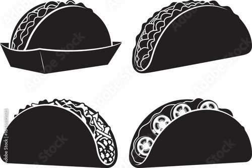 Black and white silhouette set of tacos with various fillings and a paper plate on a white background