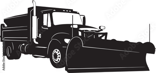 Black silhouette of a dump truck with a snow plow attached on a white background