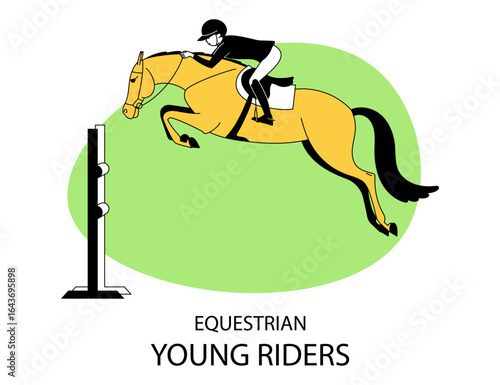 Young equestrian rider jumping over obstacle on horse in flat style illustration