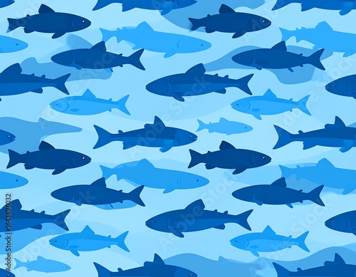 A repeating pattern of blue fish swimming in a light blue watery background