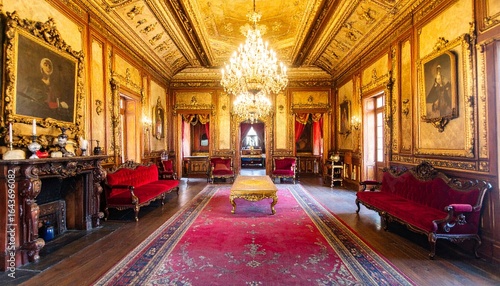 Elegant vintage interior with opulent gold decor, chandeliers, and classic furnishings