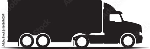 Black silhouette of a cargo semi truck with a box trailer on a white background