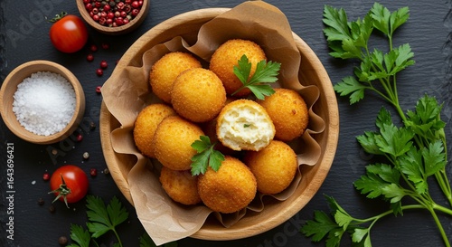 Wallpaper Mural Golden-brown fried cheesy balls in a rustic wooden bowl, garnished with fresh parsley on a slate background. Torontodigital.ca