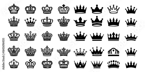 Big collection quality black crowns. Crown icon set illustration. Gold crown silhouette. Crown vector collection, royal luxury symbols. Crown icon set. leadership award, victory symbol