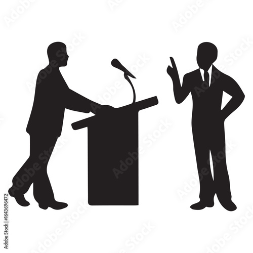 Silhouette of a speaker at the podium giving a speech isolated on white background