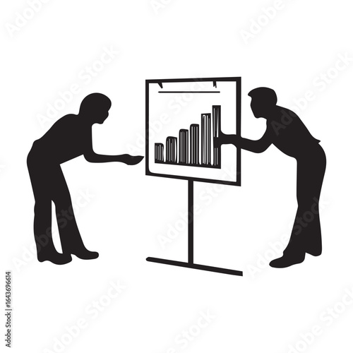 Silhouette of two people presenting a business graph isolated on white background