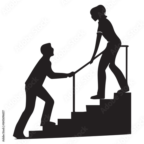 Silhouette of two people helping each other climb the stairs isolated on white background