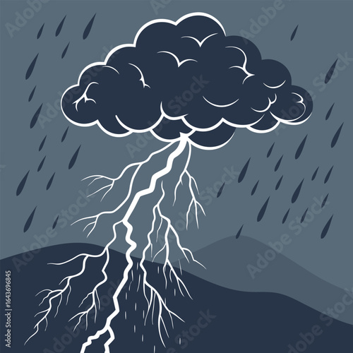 Dark storm cloud releasing sharp zigzag lightning bolts silhouette