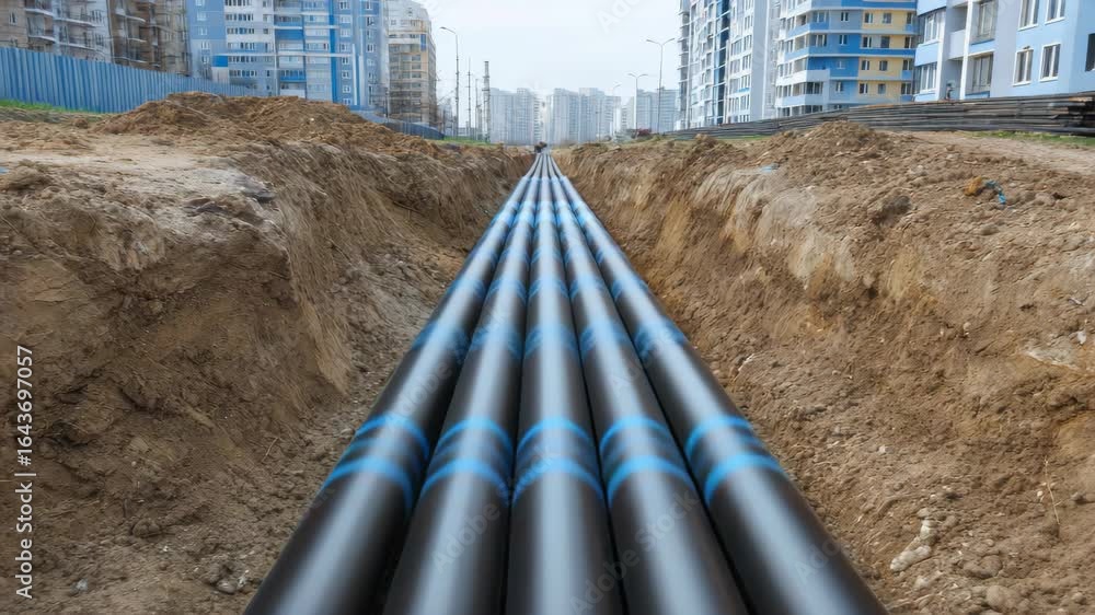 Underground pipeline installation project through an urban area. Earthworks expose multiple large pipes running parallel in a deep trench for infrastructure development.