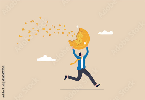 Bitcoin price falling down make investor or trader losing money, crypto value dissolve into dust particle concept, frustrated investor trader running away with his dissolving, crash into dust Bitcoin.