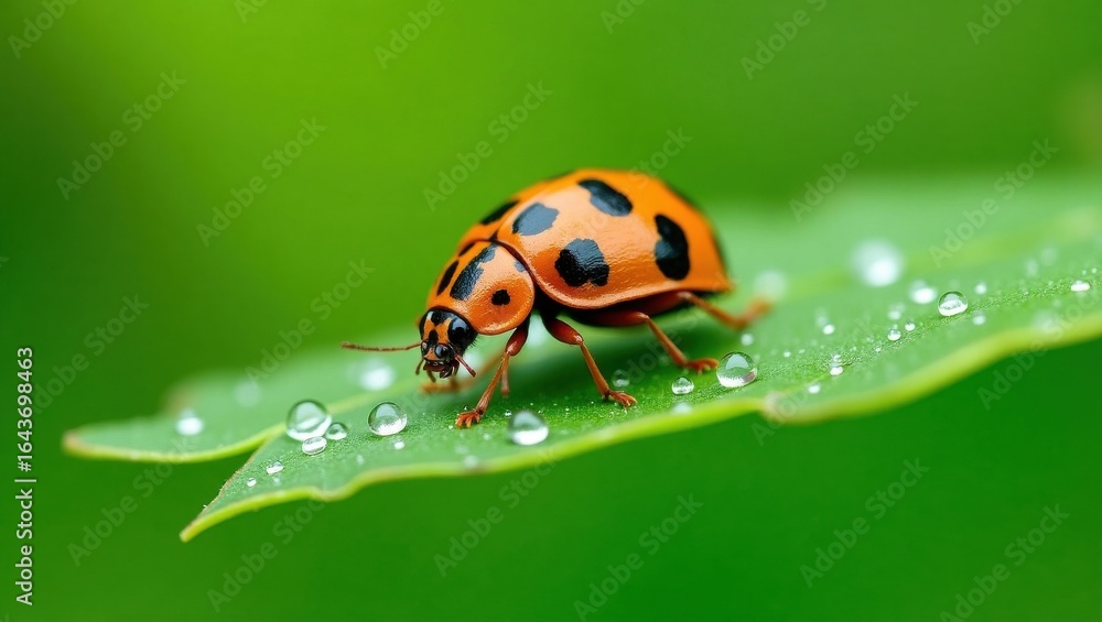 Naklejka premium Close up of a ladybug with black spots on a green leaf with water droplets