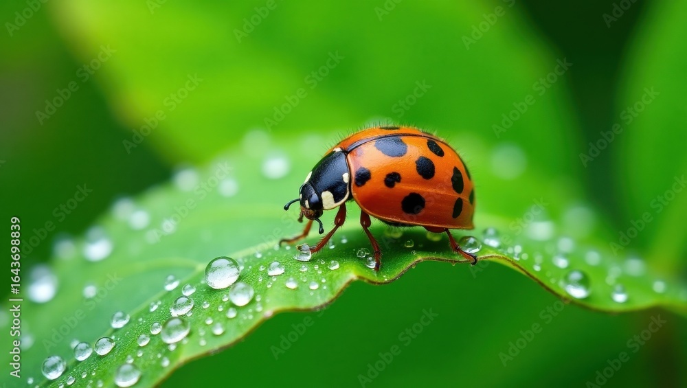Fototapeta premium Close up of a ladybug on a dew covered green leaf in soft focus