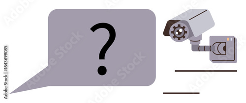 Gray speech bubble with question mark beside CCTV camera, symbolizing surveillance, privacy, or security dilemmas. Ideal for privacy, ethics, technology, monitoring, safety debate data themes