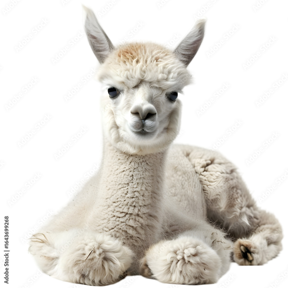 Fototapeta premium A serene white alpaca resting comfortably on a soft surface, with a blurred natural background