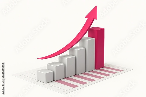 3d bar chart with upward trending arrow showing growth and success