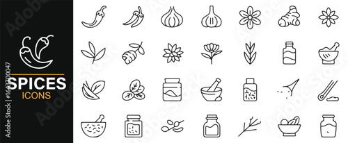 Icon Set of Spices Featuring Herbs, Garlic, Chili, and Seasoning Jars