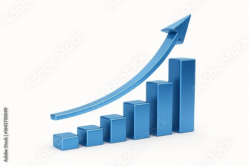 Blue 3d bar chart with upward trending arrow showing growth