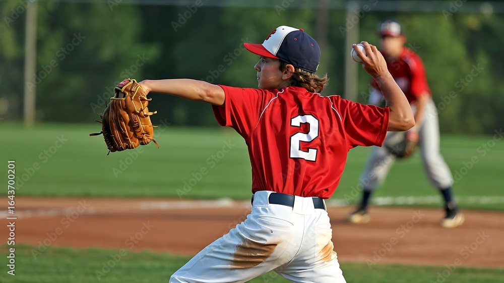 Fototapeta premium Young baseball pitcher in red uniform throwing a pitch during a game on a sunny day with blurred background