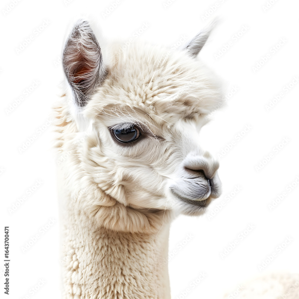 Obraz premium Close-up portrait of a fluffy white alpaca showcasing its gentle expression against a plain background