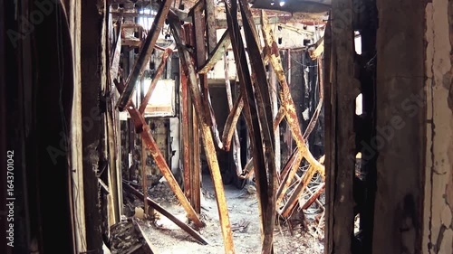 A completely burnt and destroyed inside of a house at a southern Israeli kibbutz, where a massive massacre was carried out. Kibbutz Nir Oz massacre memorandum.