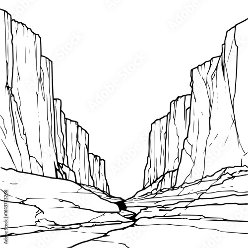 Grand canyon illustration, landscape drawing of rocky mountains and desert scenery in black and white style