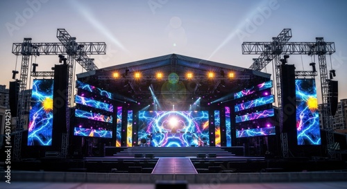Large outdoor stage with vibrant LED displays and lighting