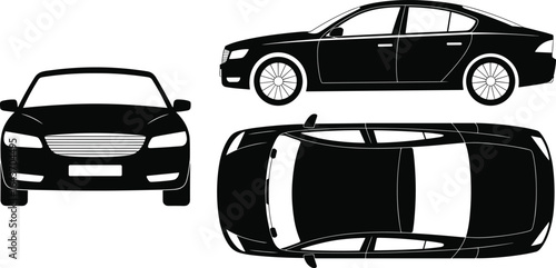 Car silhouette front, side, top view, sedan vector illustration, automotive design reference, vehicle blueprint, transport icon set, black graphic