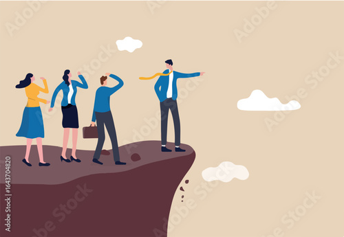 Wrong direction leader, stupid authoritarian boss, stupidity or mistake lead company and employees to sabotage or bad problem concept, stupid boss manager pointing order employees to jump off cliff.